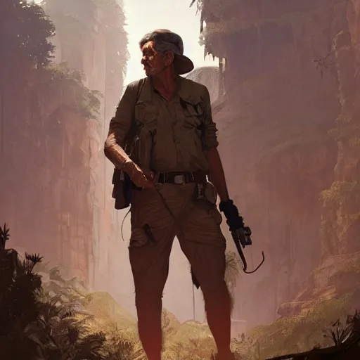 Image similar to harrison ford as indian jones, highly detailed, illustration, fantasy art, in the style of greg rutkowski, cinematic shot, epic, fantasy, intricate, hyper detailed, artstation, concept art, smooth, sharp focus, ray tracing