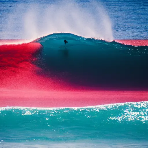 Prompt: perspective photo of surfer in a blood-red ocean