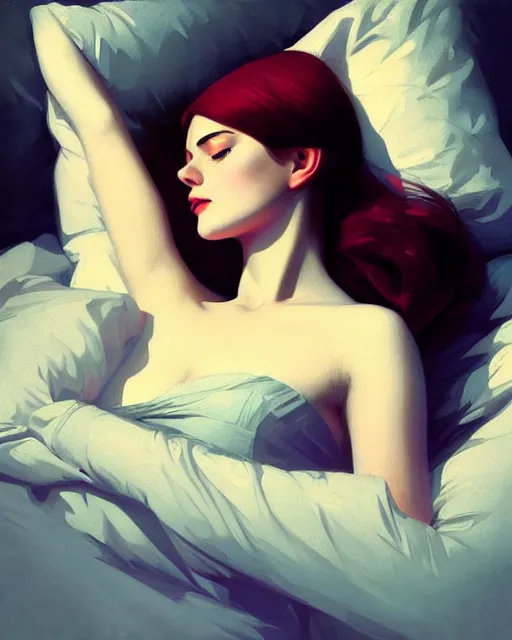 Image similar to stylized portrait by aykutmakut of an artistic pose, composition, young victorian sleeping fancy lady in bed, cinematic moody colors, realistic shaded, fine details, realistic shaded lighting poster by ilya kuvshinov, magali villeneuve, artgerm, jeremy lipkin and michael garmash and rob rey