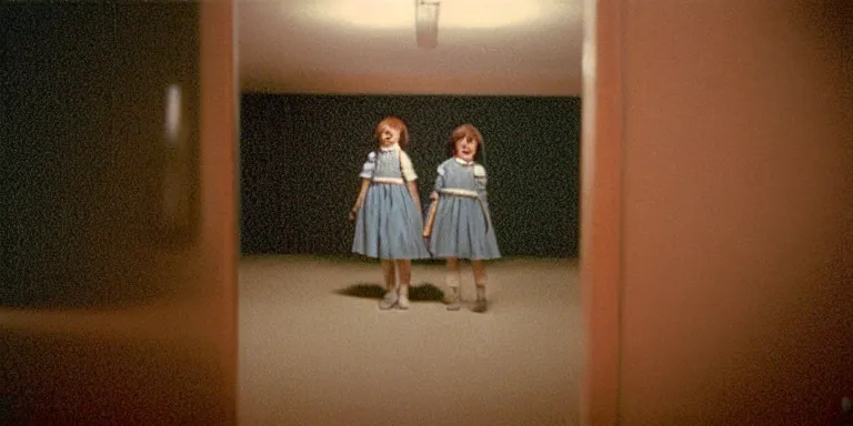 Image similar to photorealistic ultra wide cinematography of danny and wendy torrance from stanley kubrick's 1 9 8 0 film the shining, walking inside and navigating through the hedge labyrinth outside overlook hotel shot on 3 5 mm eastman 5 2 4 7 film by the shining cinematographer john alcott shot on a wide kinoptik tegea 9. 8 mm lens. with golden ratio composition