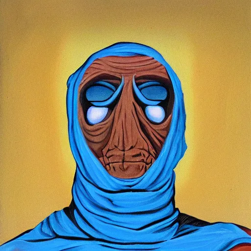 Prompt: painting of due to living on arrakis, the typical fremen appeared as a sinewy human with leathery tanned skin. these effects were less pronounced on those fremen who live in cities such as arrakeen. in addition, fremen eyes were colored entirely blue ( eyes of ibad ), due to their excessive ingestion of the spice melange