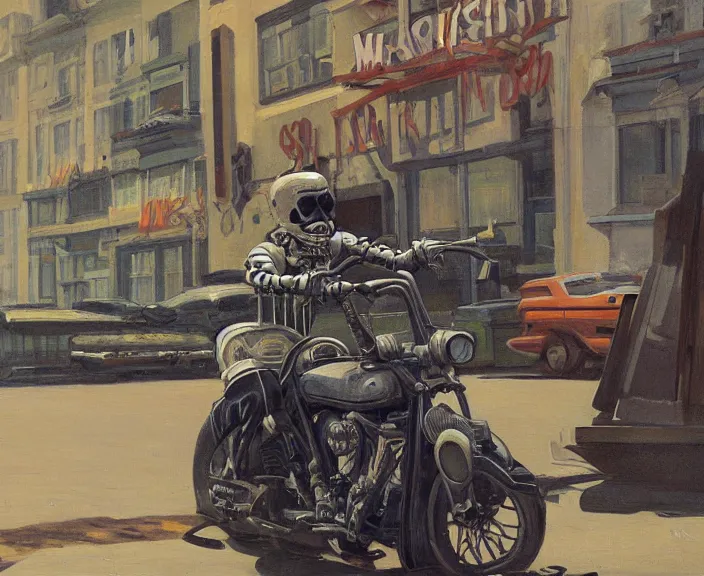 Prompt: a very detailed painting of a skeleton wearing a military jacket, riding a motorbike down a street, harley davidson motorbike, worm's - eye view, very fine brush strokes, very aesthetic, very futuristic, in the style of edward hopper and grant wood and syd mead, 4 k,