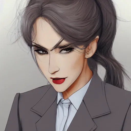 Image similar to woman in grey business suit, brown neat hair, pixiv, fanbox, trending on artstation, portrait, modern, sleek, highly detailed, formal, serious, determined, competent, colorized, smooth, charming, pretty, safe for work