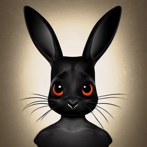 Prompt: A extremely highly detailed majestic hi-res beautiful, highly detailed head and shoulders portrait of a scary terrifying, horrifying, creepy black cartoon rabbit with scary big eyes, earing a shirt laughing, lets be friends, in the style of Walt Disney