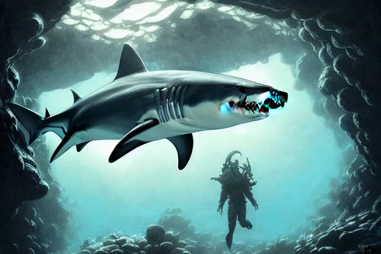 Prompt: portrait of a realistic shark, fantasy, underwater coral cavern, dramatic, symmetrical, dynamic lighting, highly detailed, ultra - realistic!, digital illustration, artgerm, greg rutkowski