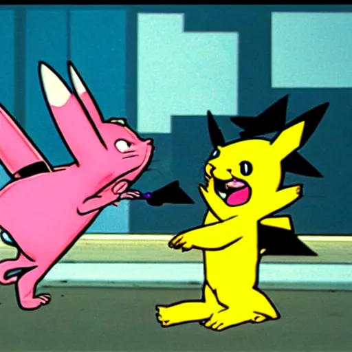 Image similar to the pink panther cartoon fighting pikachu