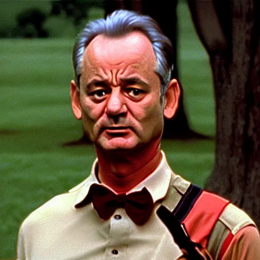 Prompt: cinematic scene with bill murray as forrest gump, dramatic, small details, volumetric lighting, still frame