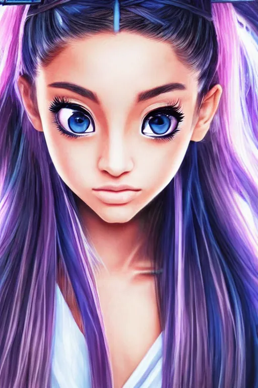 Image similar to highly detailed beautiful photo of blend of ariana grande and madison beer, as a young female samurai, practising sword stances, symmetrical face, beautiful eyes, cobalt blue hair, realistic anime art style, 8 k, award winning photo, pastels colours, action photography, 1 / 1 2 5 shutter speed, sunrise lighting