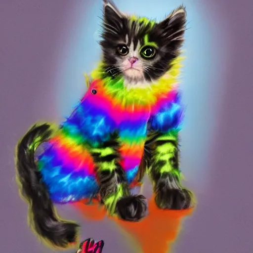 Image similar to wide angle full body, jacket wearing fluffy cute rainbow kitten wearing a black leather motorcycle jacket, cinematic concept art