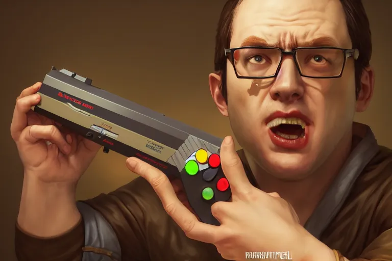 Image similar to portrait of the angry video game nerd, holding nes zapper, detailed fantasy face, rule of thirds, league of legends splash art, path traced, enigmatic lighting, beige gradient, shinji aramaki, karol bak, alphonse mucha, colin searle, artstation, ray tracing, octane unreal engine 5, digital painting