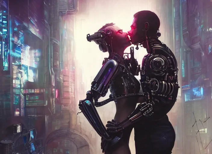 Image similar to cyberpunk, sci - fi, fantasy, ultra realistic medium shot of a couple of cyborgs kissing, lovers, joined by cables, backlight, led, unreal engine, octane render, soft light, night, highly detailed, digital painting, concept art, sharp focus, illustration, art by artgerm and greg rutkowski and alphonse mucha