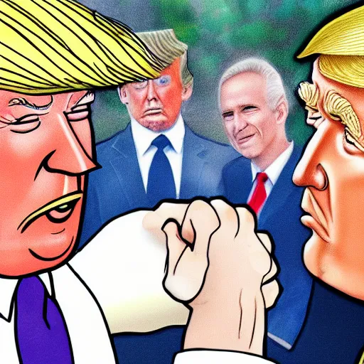 Image similar to a perfect hand drawn picture of donald trump being put into hand cuffs by fbi a gents outside of his florida country club, insanely detailed