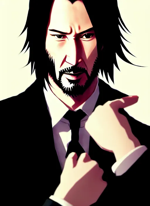 Prompt: anime portrait of keanu reeves as a handsome man, wearing black suit and bowing down, ilya kuvshinov, anime, deroo, pixiv top monthly, trending on artstation, cinematic, danbooru, zerochan art, kyoto animation