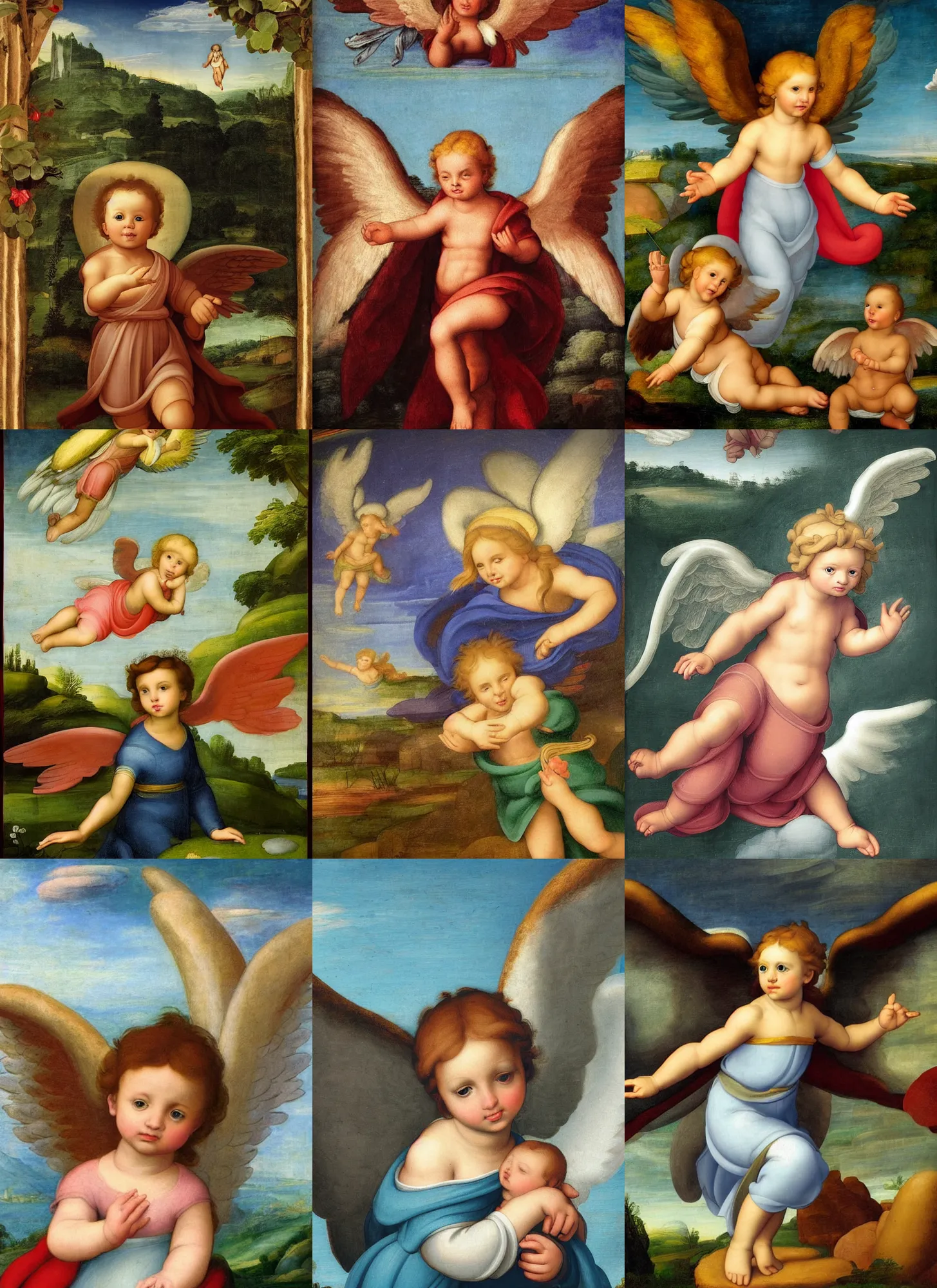 Prompt: cute angel with epic landscape in the style of Raphael