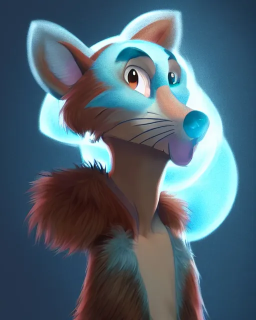 Image similar to a beautiful portrait of an anthropomorphic fursona furry disney character. volumetric light, artstation