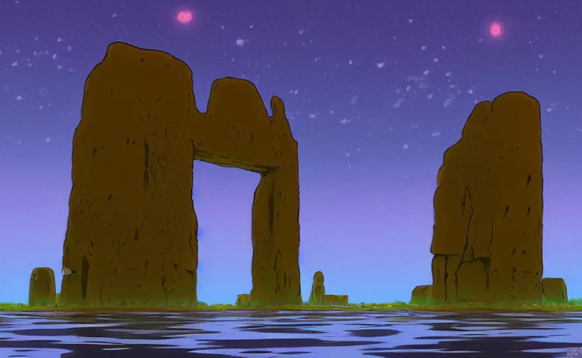 Prompt: a cell - shaded studio ghibli concept art study of a square dimensional portal doorway in a flooded monument valley easter island on a misty starry night. water is flowing out of the mouth of the portal. very dull colors, hd, 4 k, hq