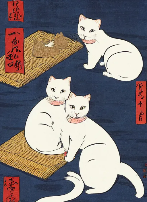 Image similar to whitecat with 2 baby white cats of utagawa hiroshige, digital painting 4 k uhd image, highly detailed