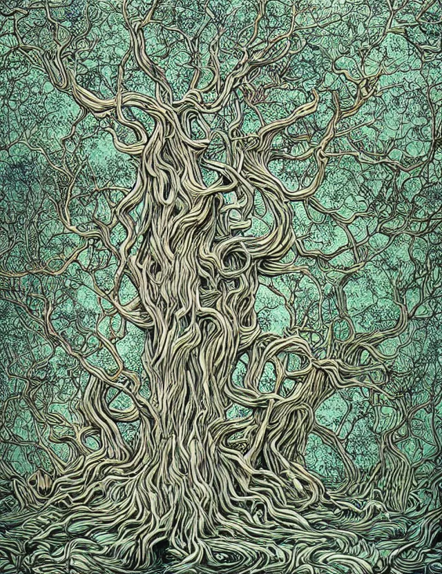 Image similar to an ancient tree with gnarled roots on a hill and rivulets of water running down in a maze by james jean and pascal blanche, labyrinthine, recursive, flowing, mystical