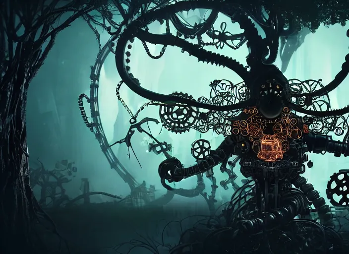 Image similar to silhouette of an intricate mechanical fairy with visible gears having tea with a cyborg gorgon medusa in a magical forest. Very detailed 8k. Fantasy cyberpunk horror. Sharp. Cinematic post-processing