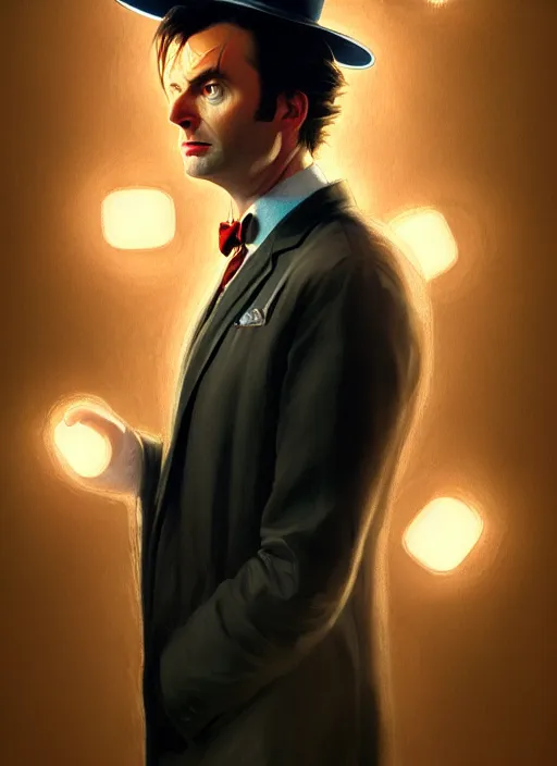 Image similar to portrait of the tenth doctor from doctor who wearing a party hat, intricate, elegant, glowing lights, highly detailed, digital painting, artstation, concept art, smooth, sharp focus, illustration, art by wlop, mars ravelo and greg rutkowski