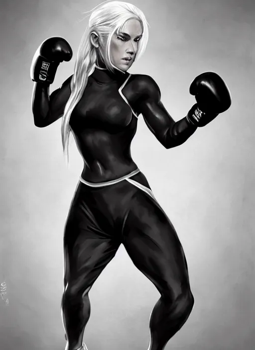 Image similar to a highly detailed illustration of fierce ponytail platinum blonde woman wearing black mma gear and gloves, dramatic boxing stance pose, fairly muscular, athletic, intricate, elegant, highly detailed, centered, digital painting, artstation, concept art, smooth, sharp focus, league of legends concept art, WLOP