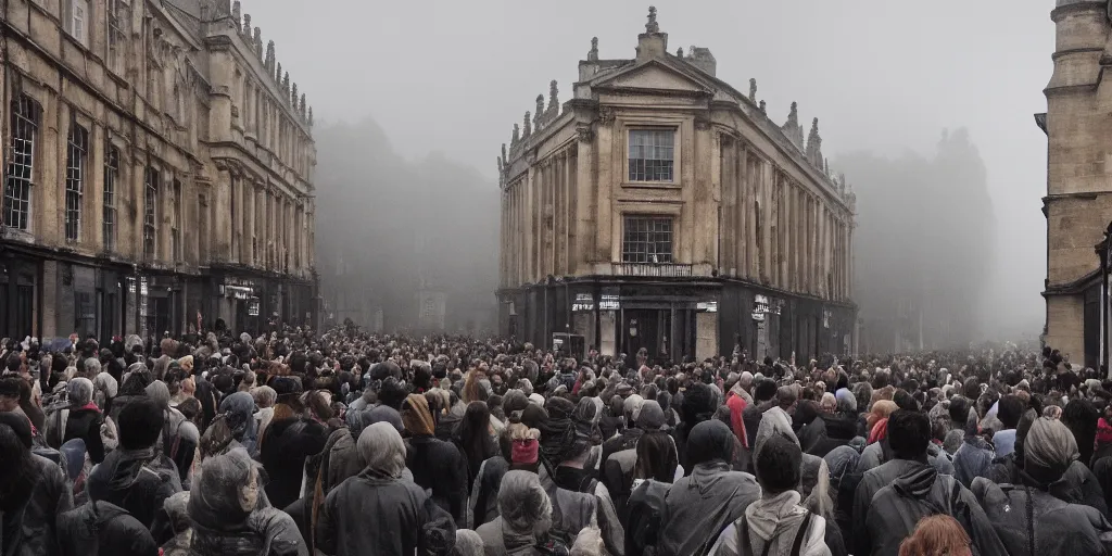 Image similar to crowds of people in the streets of Oxford England 1810, ight, ominous, light mist, light rain, Canon 5D, DSLR, 8k, photo, by Laurence Norah and Luke Stackpoole, unreal engine, ray tracing, cgsociety, artstation