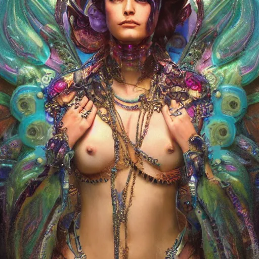 Image similar to extremely psychedelic beautiful cyborg queen of lsd. intricate, elegant, highly detailed, extremely lifelike photorealistic digital painting, artstation. steichen, gaston bussiere, tom bagshaw, cyberpunk alphonse mucha. dark pallet, melancholy. anatomically correct in every way. sultry. sharp focus. soft light.