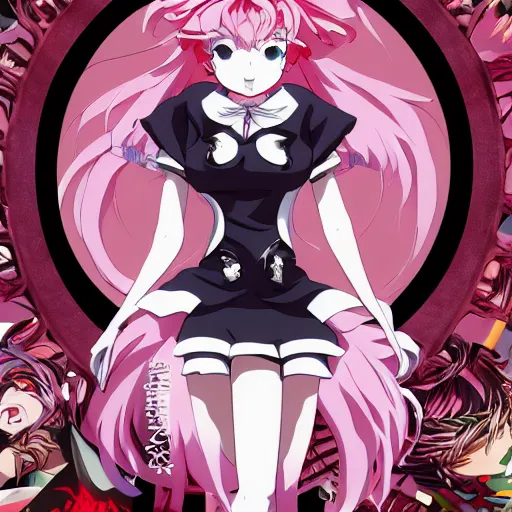 Image similar to stunningly beautiful omnipotent megalomaniacal anime goddess who looks like junko enoshima, symmetrical perfect face smiling in a twisted, mischievous, devious and haughty way while looking down upon the viewer and taking control, mid view from below her feet, hyperdetailed, 2 d, 8 k