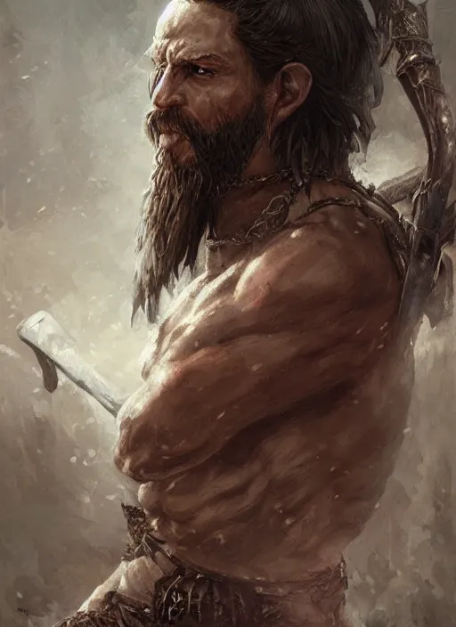 Prompt: realistic portrait painting of a male fantasy barbarian warrior, old mystic ruins, afternoon, intricate, elegant, highly detailed, digital painting, sharp, focus, by artgerm and greg rutkowski