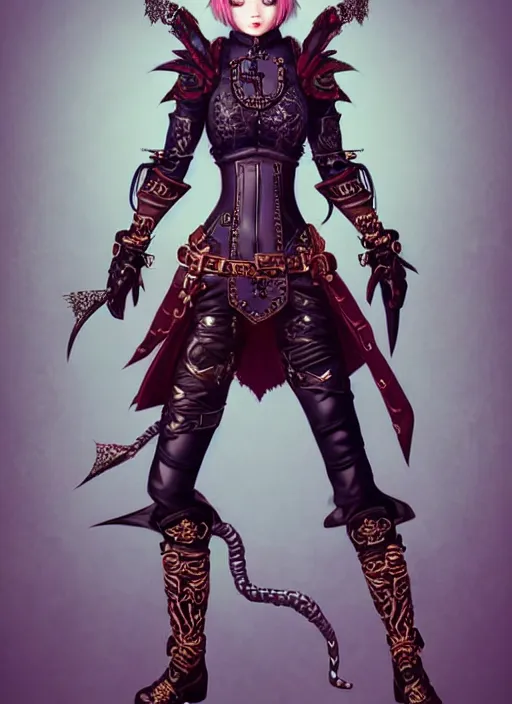 Prompt: rogue, fantasy ornate leather bandit outfit!!! beautiful and athletic short hair female!! gorgeous face and eyes!! character concept art, sharp focus, octane render! unreal engine 5! highly rendered!! trending on artstation!! detailed linework!! illustration by chie yoshii, artgerm, and wlop