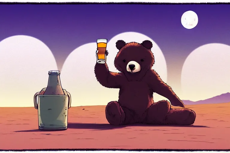 Image similar to a study of a cell shaded cartoon bear holding and drinking a beer on a desert road in front of a big moon, full body, wide shot, very muted colors, post grunge, studio ghibli, laurie greasley, highly detailed, deviantart, art by artgem