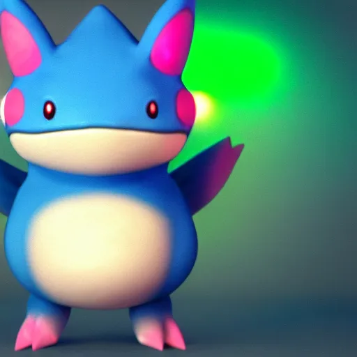 Image similar to nymph render of a very cute 3d Munchlax pokemon, adorable eyes, cute smile, full round face, neon lights in background wall, serene studio setting, medium shot, mid-shot, highly detailed, trending on Artstation, Unreal Engine 4k