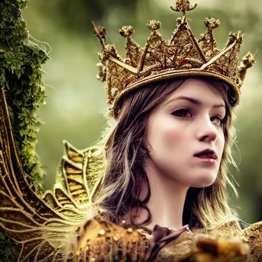 Image similar to beautiful fairy with ornate cloak and crown, highly detailed, 4k, HDR, smooth, sharp focus, hyper realistic, high resolution, award-winning photo