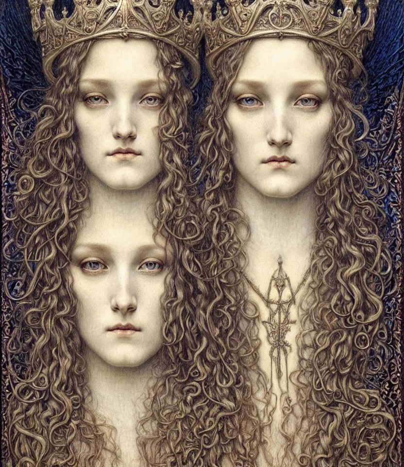 Image similar to detailed realistic beautiful young medieval queen face portrait by jean delville, gustave dore and marco mazzoni, art nouveau, symbolist, visionary, gothic, pre - raphaelite. horizontal symmetry