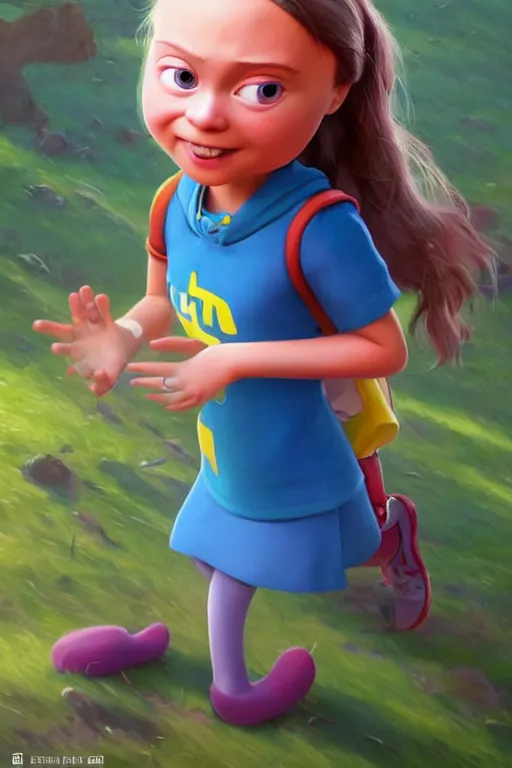 Image similar to greta thunberg as a cute pixar character, vivid colors, high details, cinematic, 8k resolution, beautiful detailed, photorealistic, digital painting, artstation, concept art, smooth, sharp focus, illustration, fantasy background, artstation trending, octane render, unreal engine