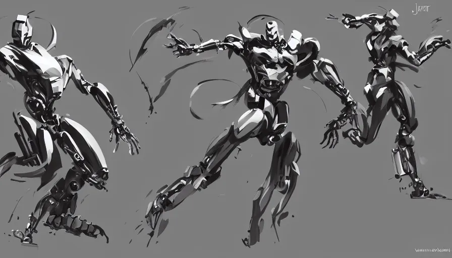 Image similar to concept art of killer robot in dynamic pose by jama jurabaev, trending on artstation, high quality, brush stroke, for aaa game