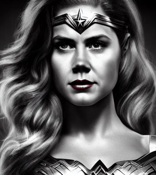 Image similar to a potrait of Amy Adams potrayed as Wonder Woman, Directed by Zack Snyder, Christopher Nolan, Sam Raimi, 8k photorealistic, cinematic lighting, HD, high details, dramatic, trending on artstation, above view, dark atmosphere,