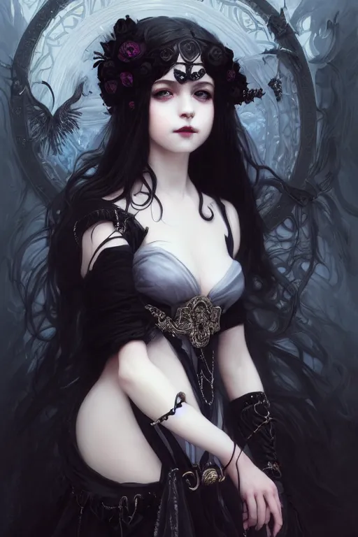 Image similar to portrait of radical lolita girl, dreamy and ethereal and dark, dark eyes, smiling expression, ornate goth dress, dark fantasy, chaotic, elegant, black crows flying, highly detailed, digital painting, artstation, concept art, smooth, sharp focus, illustration, art by artgerm and greg rutkowski and alphonse mucha