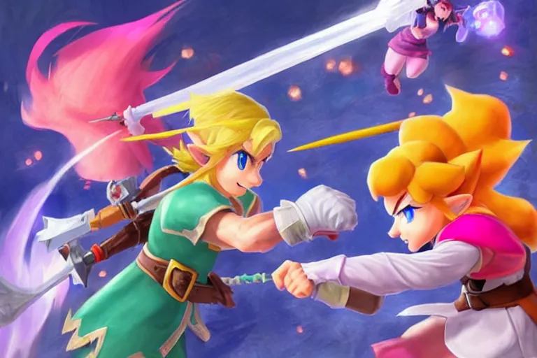 Prompt: Link fighting princess Peach in a super smash bros ultimate battle , made by Stanley Artgerm Lau, WLOP, Rossdraws, ArtStation, CGSociety, concept art, cgsociety, octane render, trending on artstation, artstationHD, artstationHQ, unreal engine, 4k, 8k,