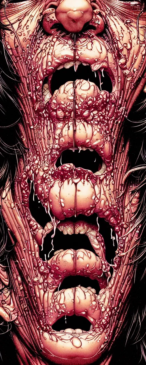 Image similar to closeup of face melting in agony with tongue, inside a frame on a tiled wall, frontal picture, by yoichi hatakenaka, masamune shirow, josan gonzales and dan mumford, ayami kojima, takato yamamoto, karol bak