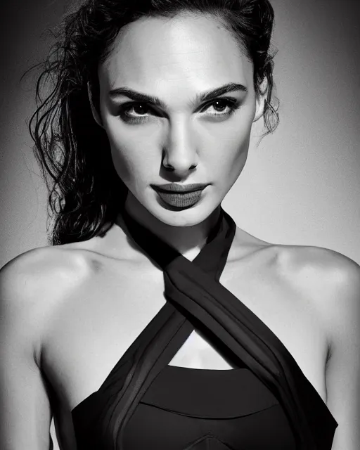 Image similar to professional head shot photograph of fashion model gal gadot wearing black suit by reza nia, nick knight, amy judd, jil sander minimal romantic heavenly elite style, posed, fluorescent makeup, beautiful, studio, studio lighting, flat natural tones, sharp focus, 8 k, very fine detail, stunning matte painting