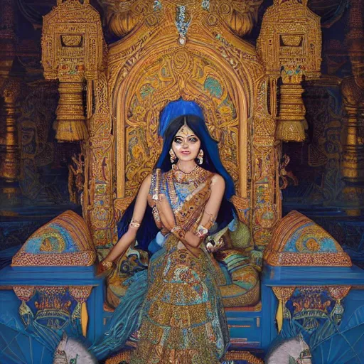 Prompt: An Indian princess with a very long ornate blue dress stands along in a very tall cavernous throne room filled with light. masterpiece 4k digital illustration by Ruan Jia and Mandy Jurgens and Artgerm and greg rutkowski, award winning, Artstation, Alphonse Mucha background, intricate details, realistic, panoramic view, Hyperdetailed, 8k resolution