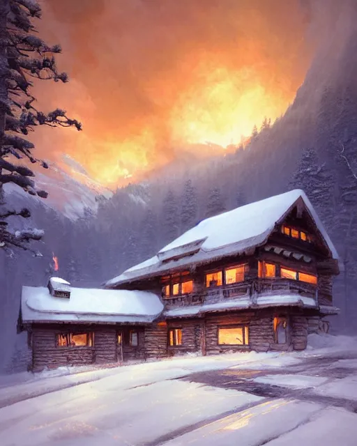 Image similar to mountain chalet covered in fire, smoke, sunrise, snow, sharp details, sharp focus, elegant, highly detailed, illustration, by Jordan Grimmer and greg rutkowski and PiNe(パイネ) and 薯子Imoko and 香川悠作 and wlop and maya takamura, intricate, beautiful, Trending artstation, pixiv, digital Art