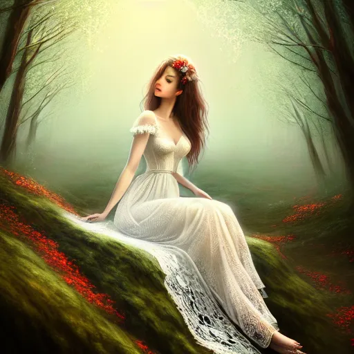 Image similar to a picture of a beautiful woman in a white lace dress and covered in flowers and leaves sitting overlooking an enchanted forest, high fantasy, elegant, epic, detailed, intricate, digital painting, concept art, realistic detailed face, smooth, focus, rim light and volumetric light through the trees,