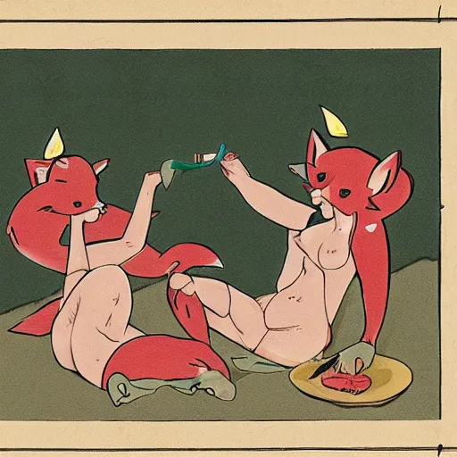 Prompt: a scene of two women with fox ears fighting over a piece of raw meat, detailed anime art