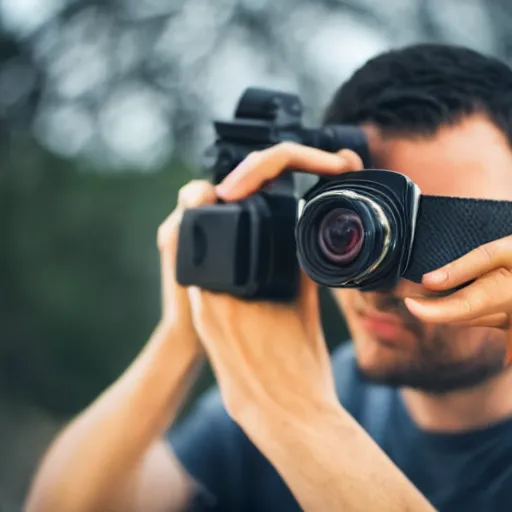 Prompt: a man filming with videocamera