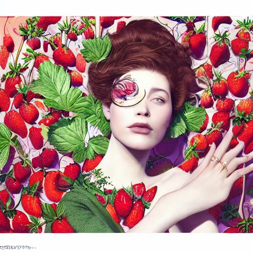 Image similar to the portrait of an absurdly beautiful, graceful, elegant, sophisticated, vogue woman made of strawberries and green petals looking up, an ultrafine hyperdetailed illustration by kim jung gi, irakli nadar, intricate linework, bright colors, octopath traveler, final fantasy, unreal engine 5 highly rendered, global illumination, radiant light, detailed and intricate environment