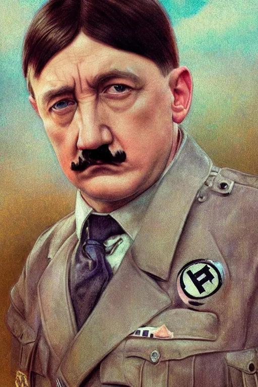 Image similar to photorealistic portrait photograph of adolf hitler, kawaii!! handsome, depth of field, soft focus, highly detailed, intricate, realistic, national geographic cover, soft glow, textured, artstation, concept art, sharp focus, illustration, art by artgerm and greg rutkowski and alphonse mucha