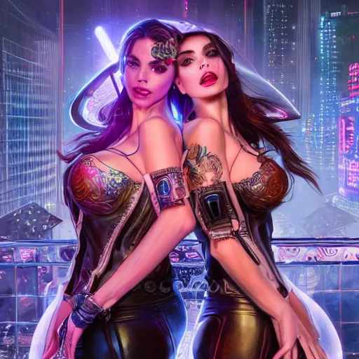 Prompt: sofia vergara and ana de armas double portrait futuristic cyberpunk cowgirls, neon light rooftop, fantasy, intricate and very beautiful and elegant, highly detailed, digital painting, artstation, concept art, smooth and sharp focus, tight fit, leather, illustration, art by tan zi and ayanamikodon and alphonse mucha and wlop