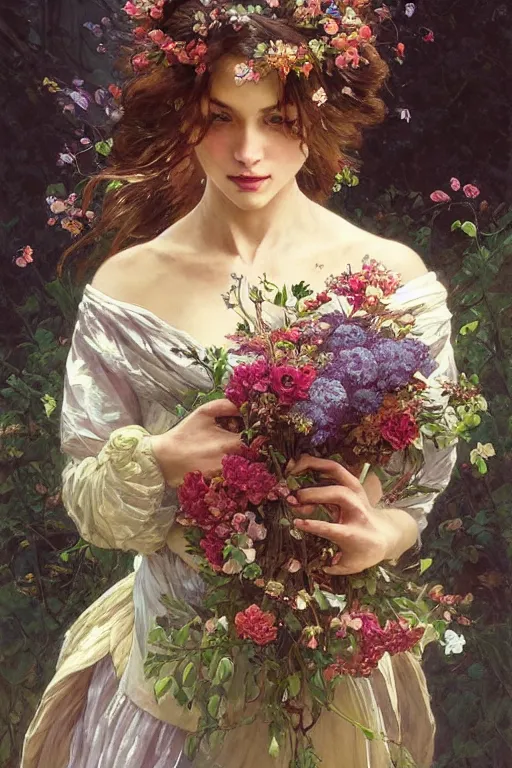 Image similar to portrait of a beautiful mysterious woman holding a bouquet of flowing flowers, hands hidden under the bouquet, fantasy, regal, intricate, by stanley artgerm lau, greg rutkowski, thomas kindkade, alphonse mucha, loish, norman rockwell